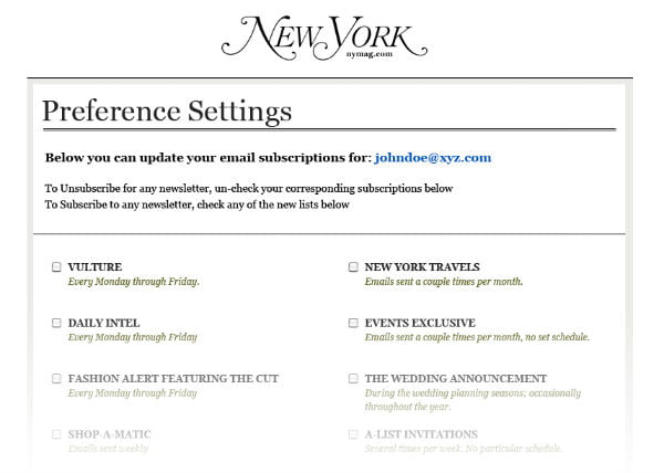 New York Magazine email preference center examples