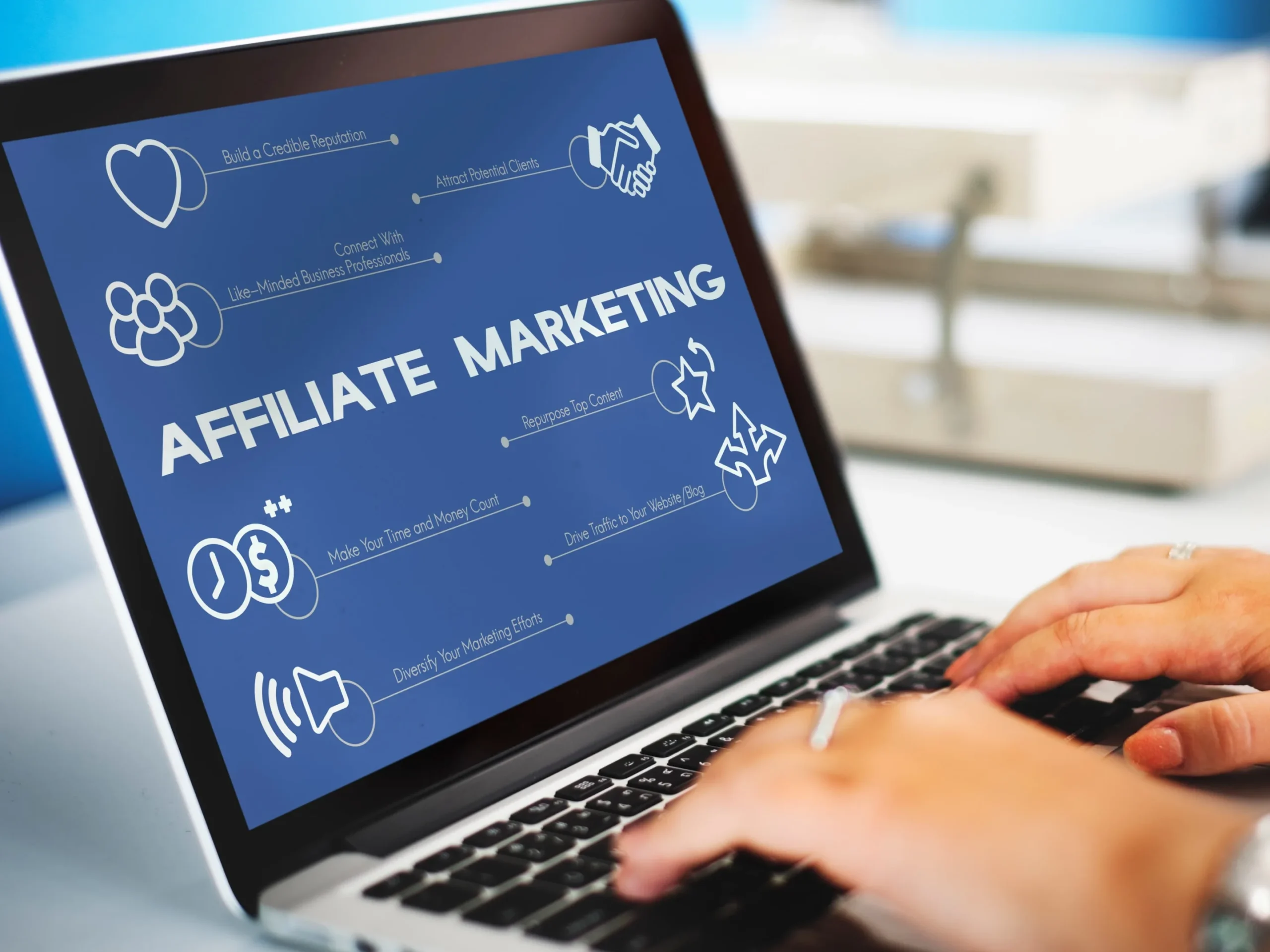 Typing on a laptop displaying Affliate Marketing and its types